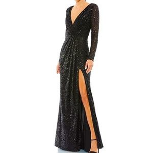 NWT Long Sleeve Deep Surplice V-Neck Sequin Thigh High Slit Gown Item #20216815